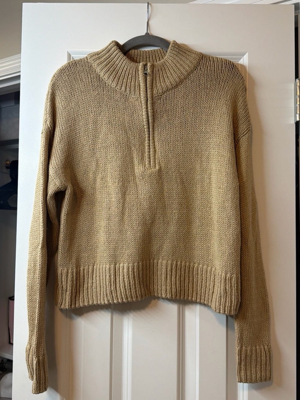 Neutral-Tone Cowl Half-Zip Sweater — Beige Cropped Pullover